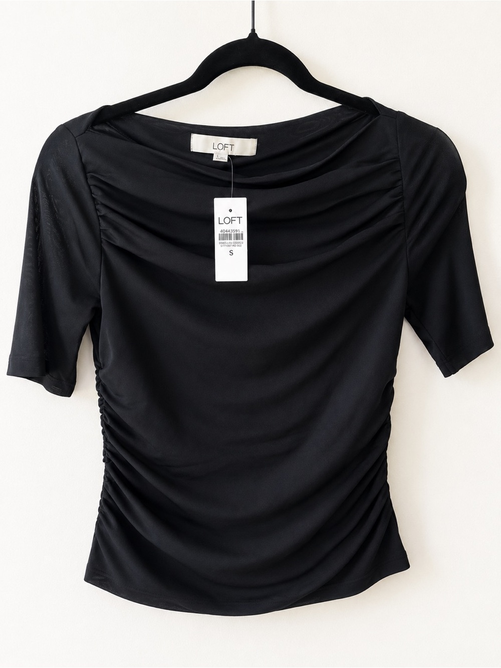 LOFT Black Mesh Ruched Cowl Neck Top Short Sleeve NWT Size S